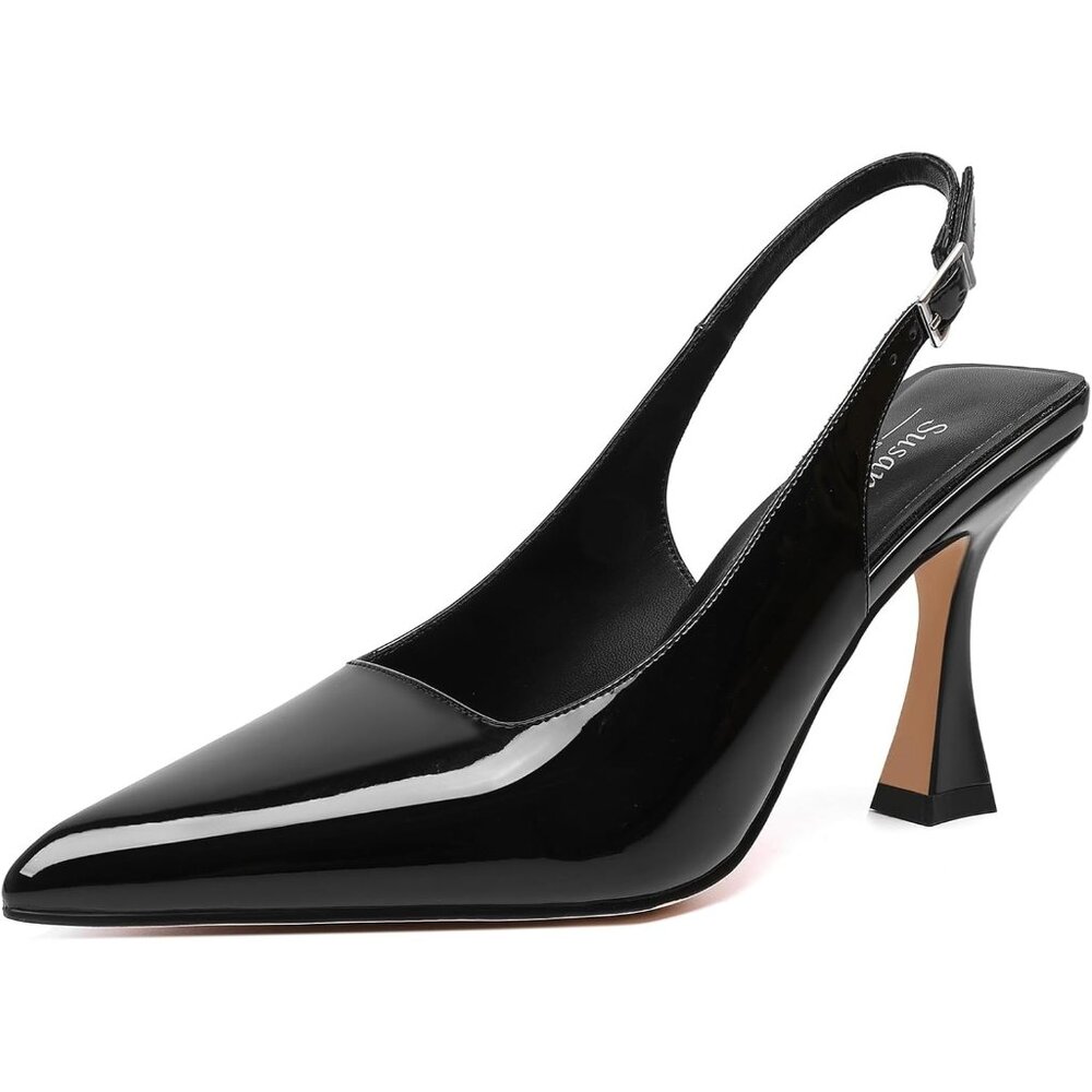Women's Black Patent Chunky Closed Pointy Toe Elegant Stylish Buckle High Heel